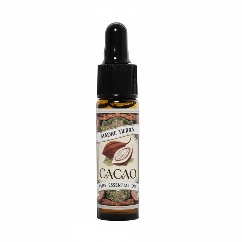 Bottle of Madre Tierra Cacao pure essential oil on a white background