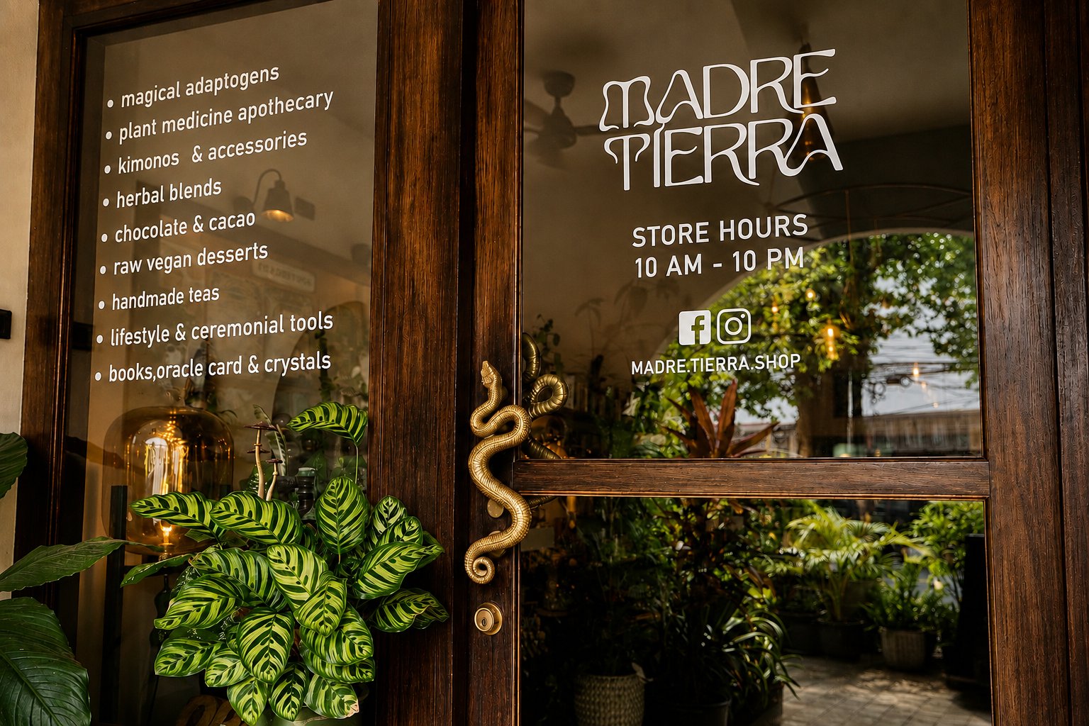 Glass shop door of Madre Tierra Apothecary in Laguna, Phuket, with hours on the window